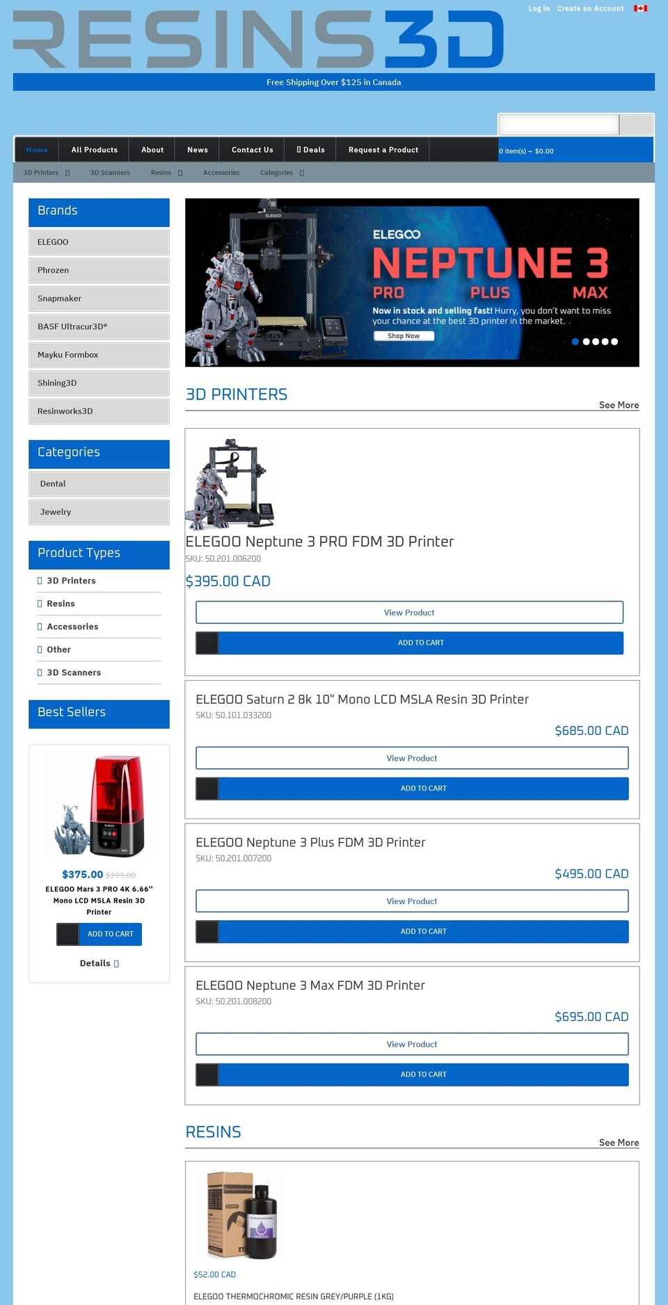 resins3d.com shopify website screenshot