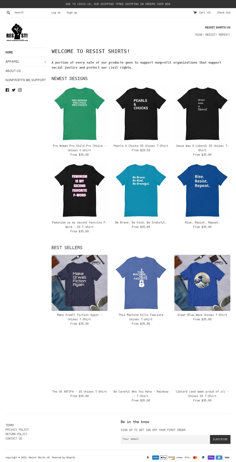 resistshirtsus.com shopify website screenshot