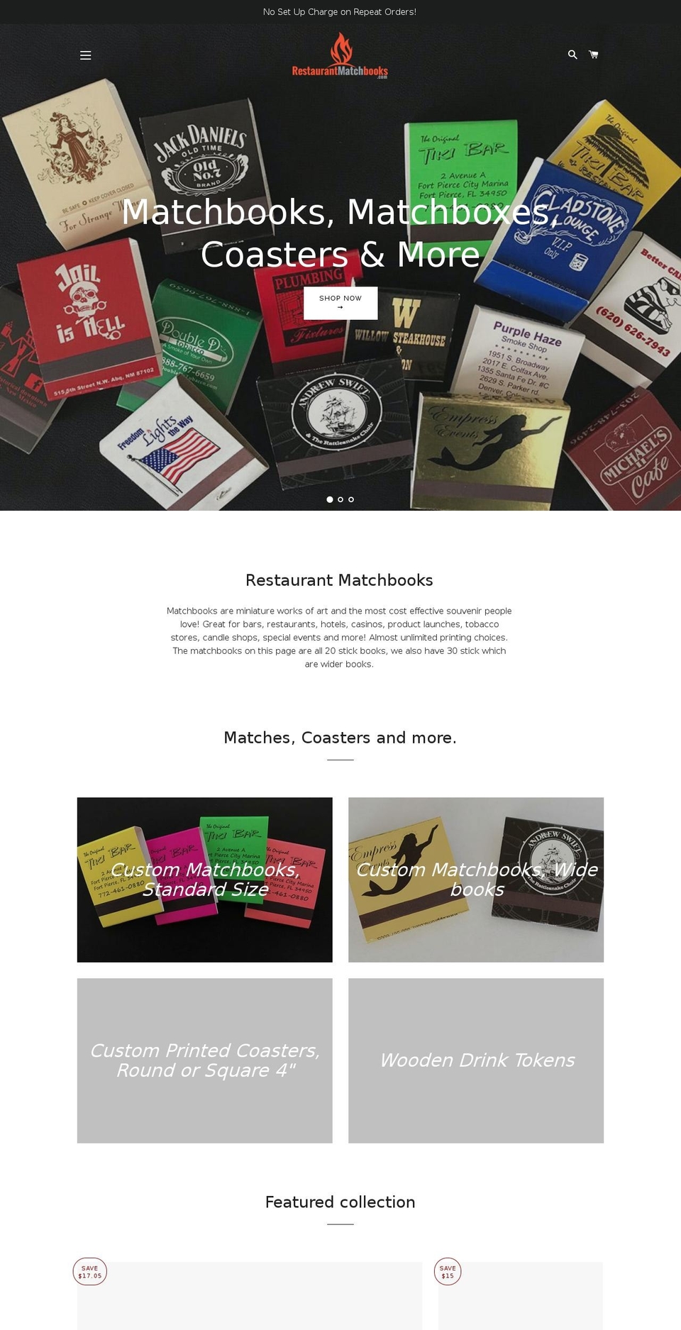 restaurantmatchbooks.com — Shopify storefront screenshot