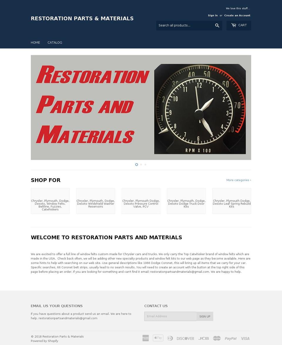 restorationpartsandmaterials.com shopify website screenshot