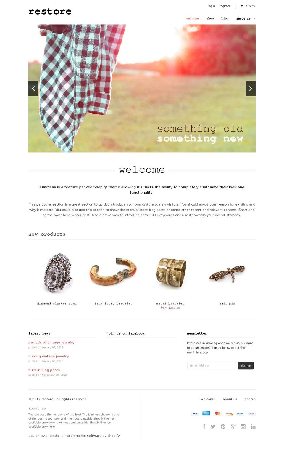 restore.myshopify.com shopify website screenshot