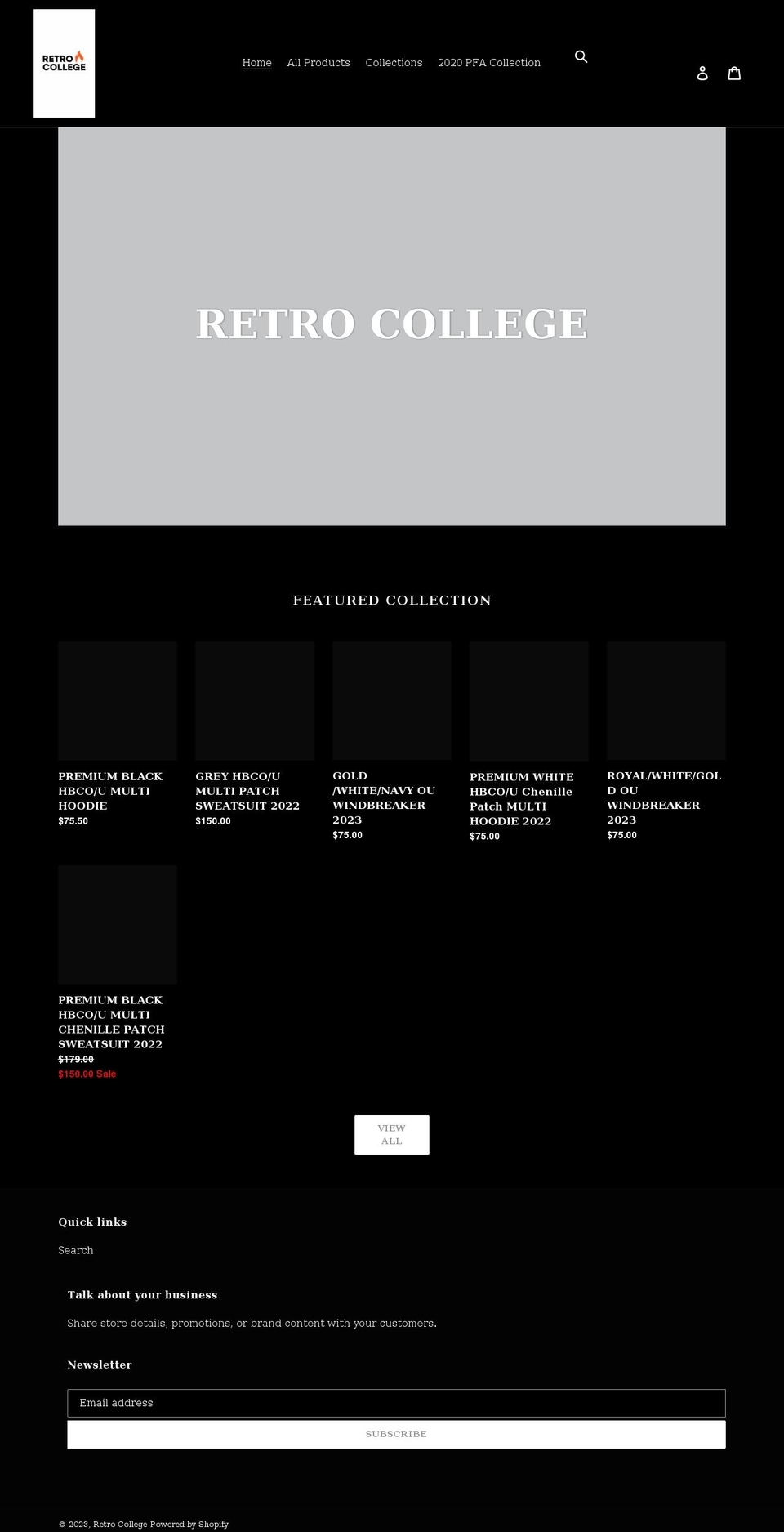 retrocollege.com shopify website screenshot