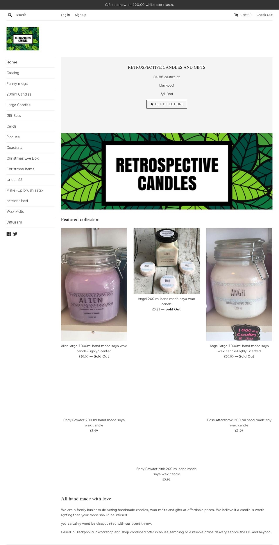 retrospectivecandlesandgifts.com — Shopify storefront screenshot