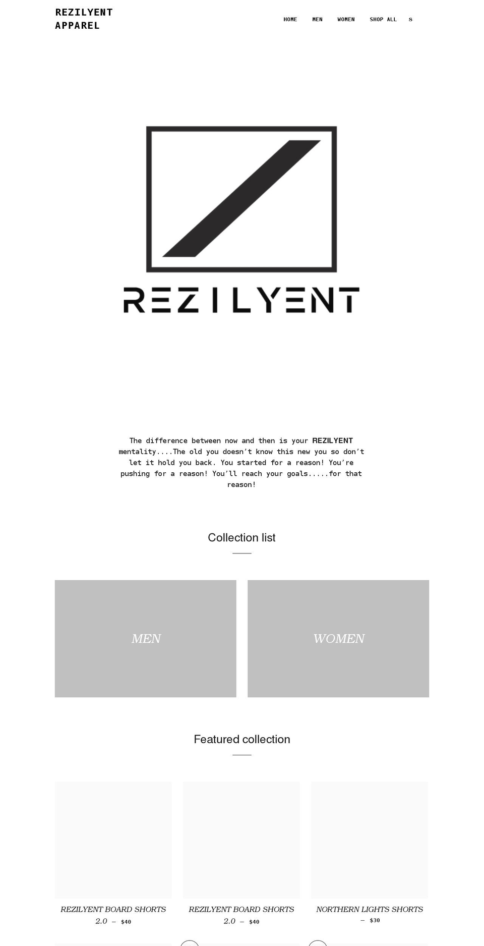 rezilyentapparel.com shopify website screenshot