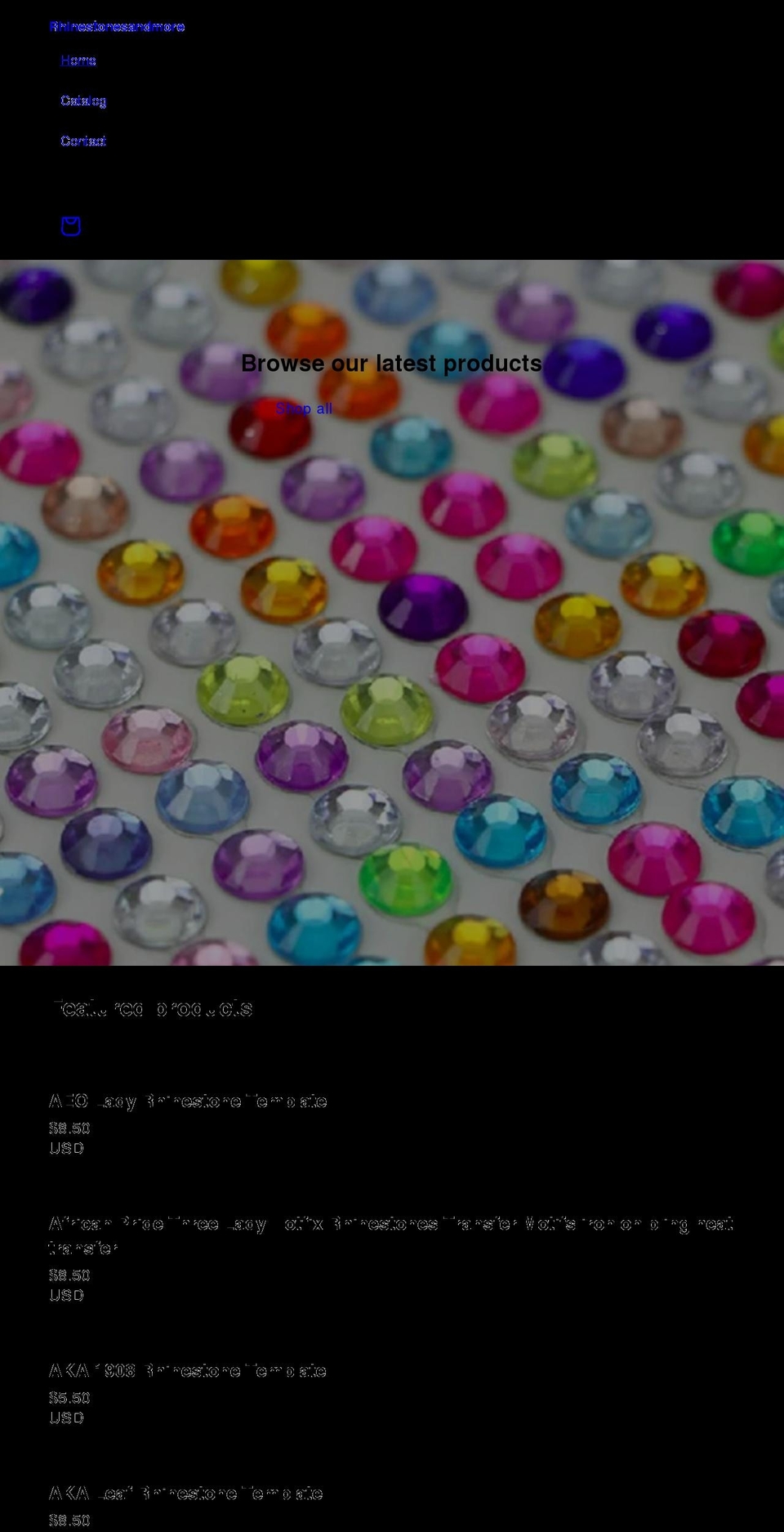rhinestonesandmore.com shopify website screenshot