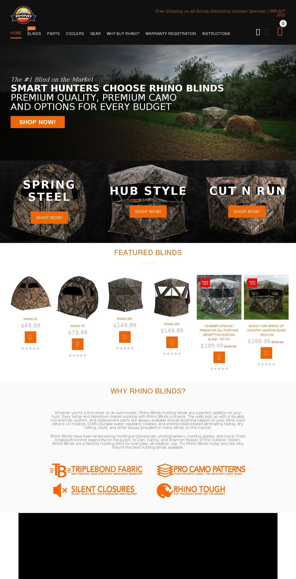 rhinogroundblinds.com — Shopify storefront screenshot