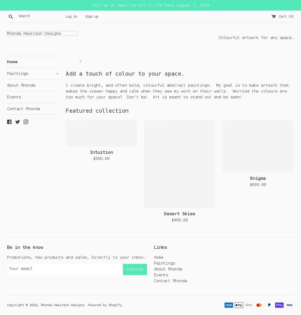 rhondahewitsondesigns.com shopify website screenshot