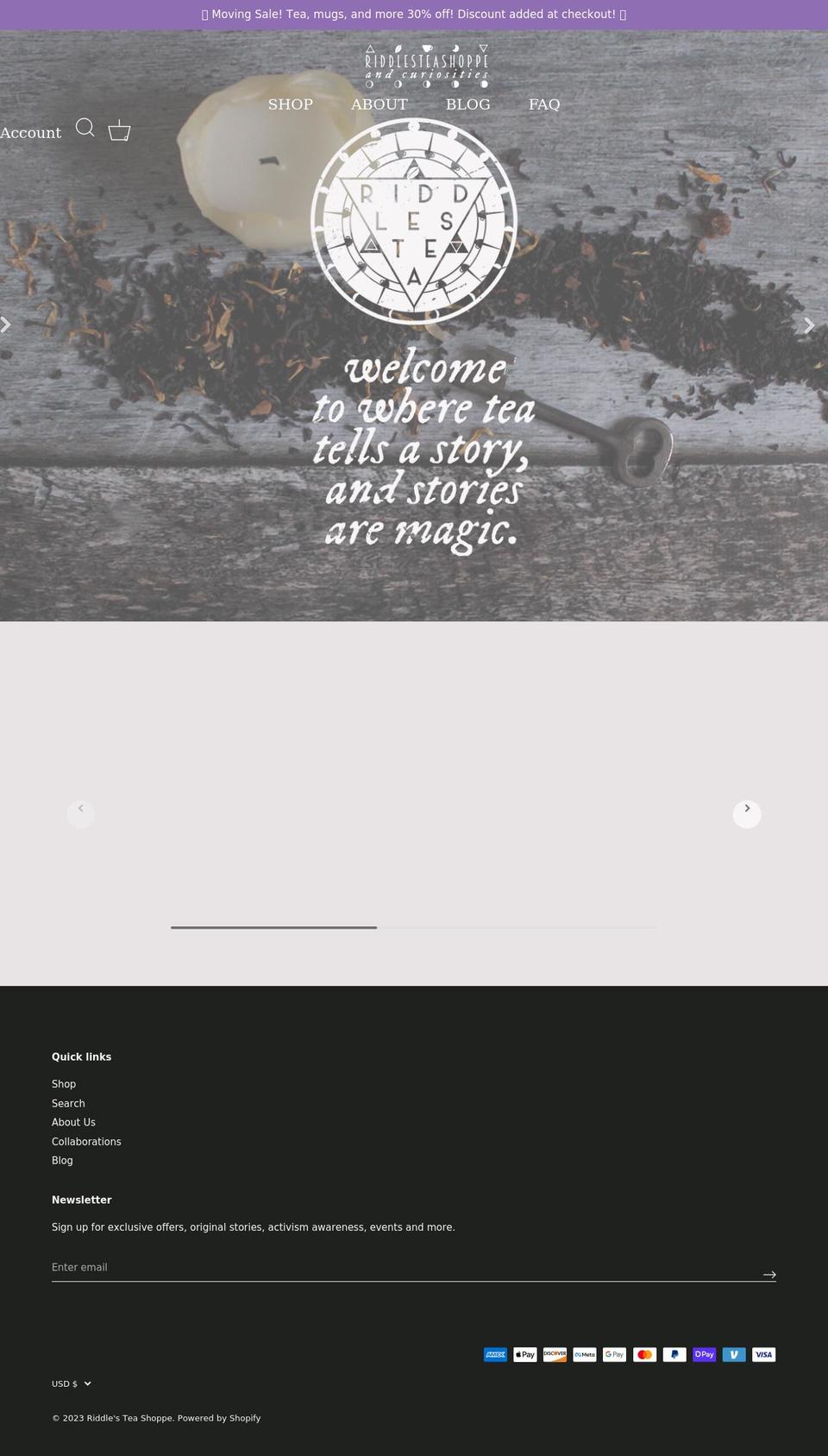 riddlesteashoppe.com shopify website screenshot