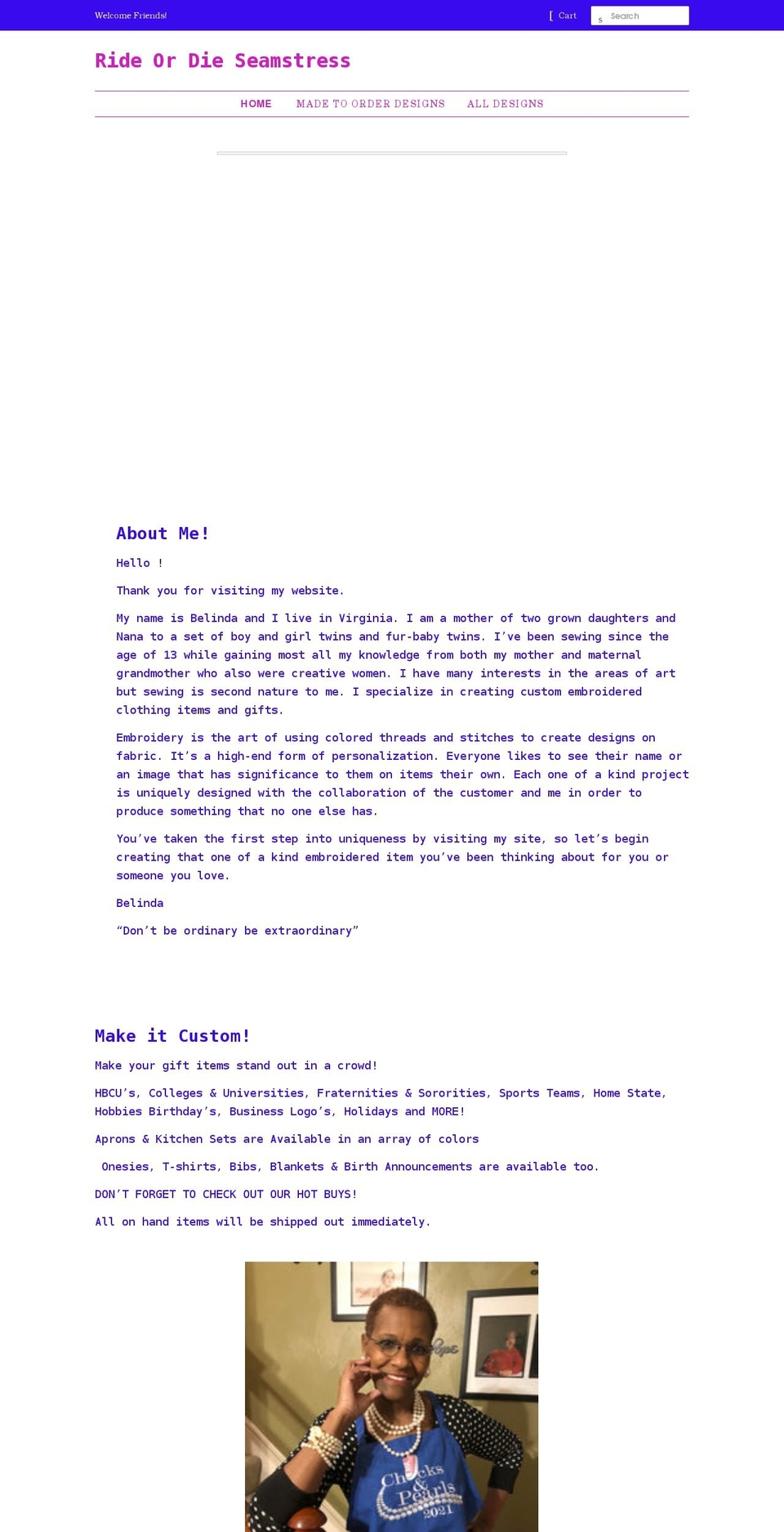 rideordieseamstress.com shopify website screenshot