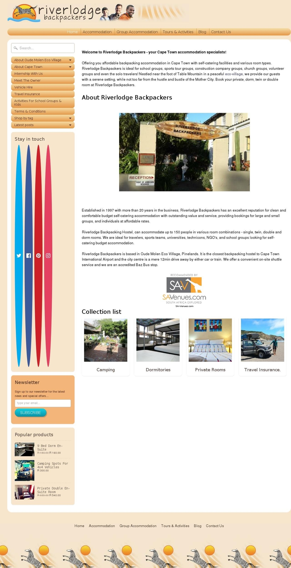 riverlodgebackpackershostel.com shopify website screenshot