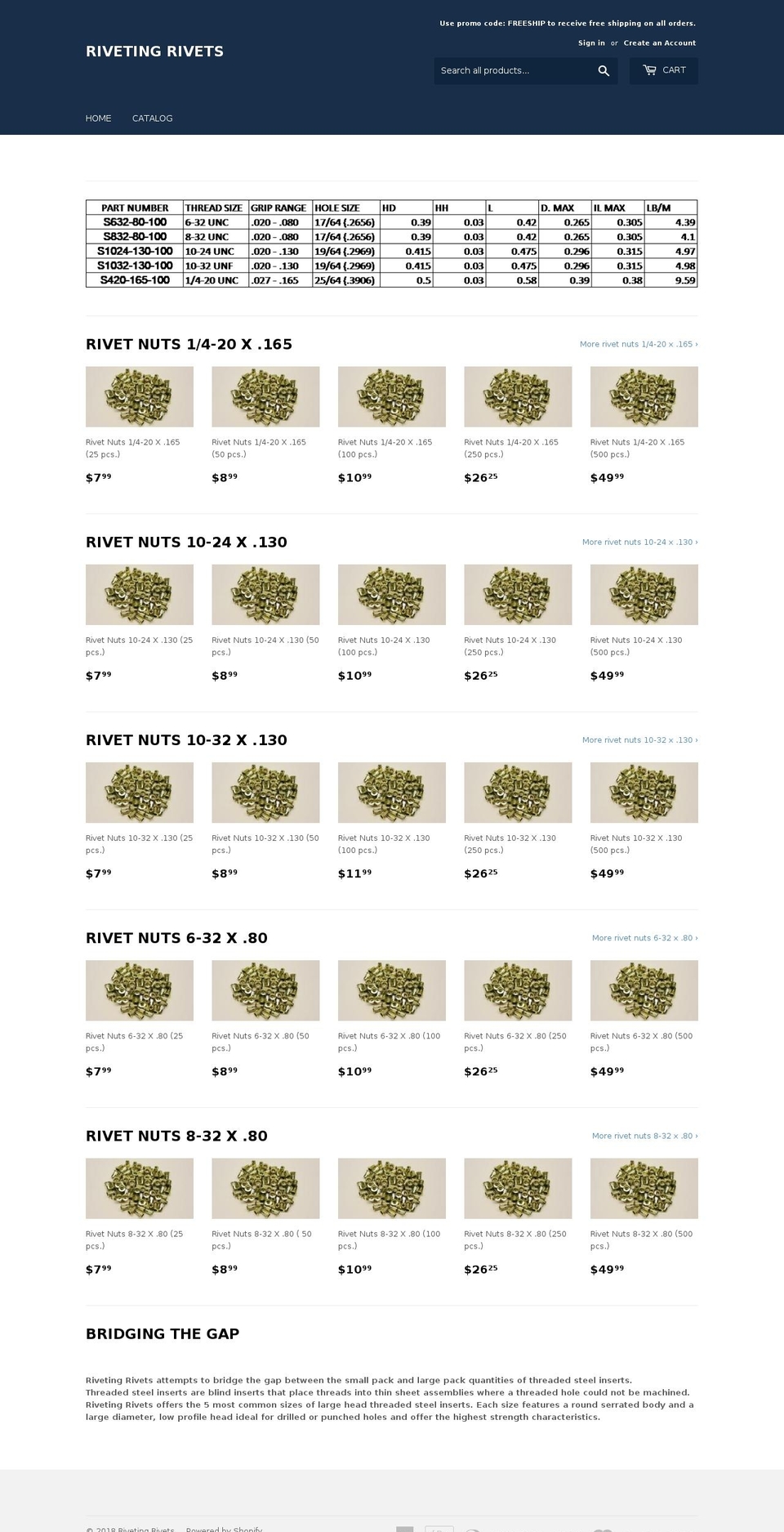 rivetingrivets.com — Shopify storefront screenshot