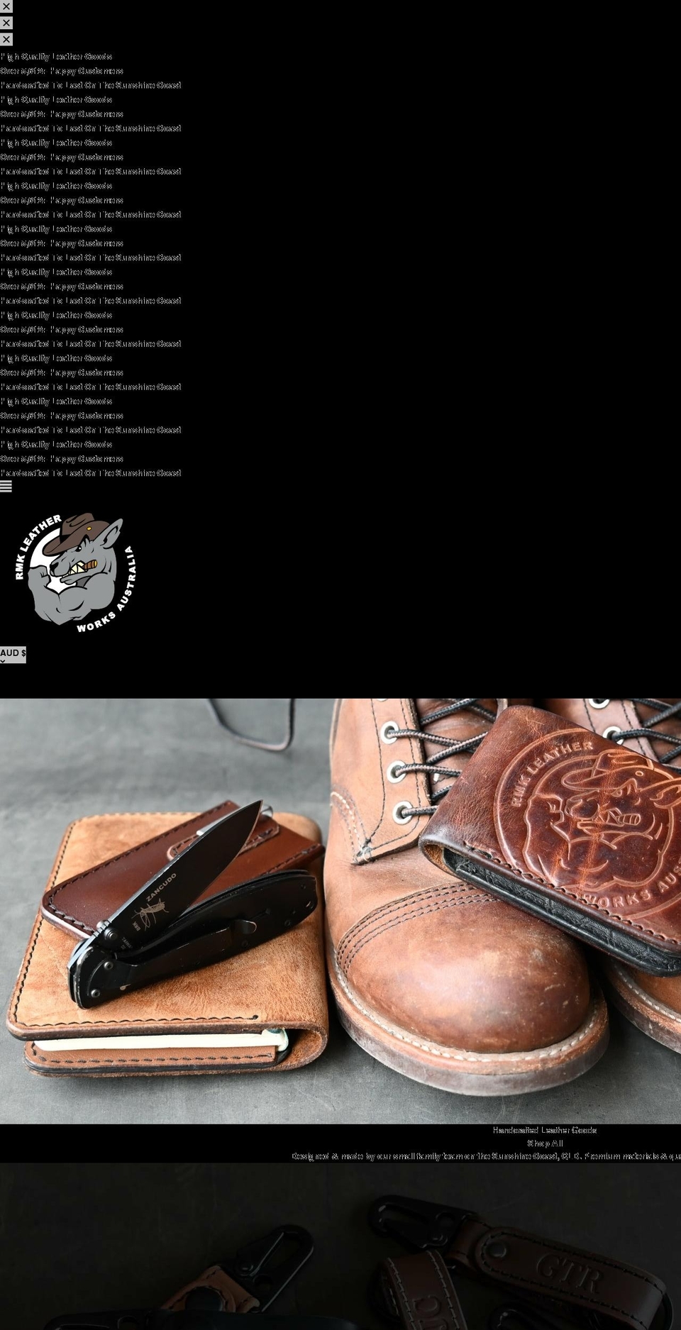 rmkleatherworks.com shopify website screenshot