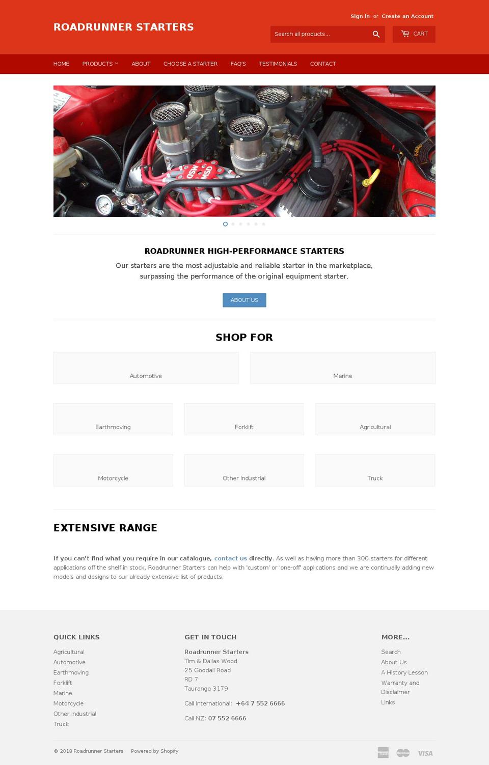 roadrunner-starters.com shopify website screenshot