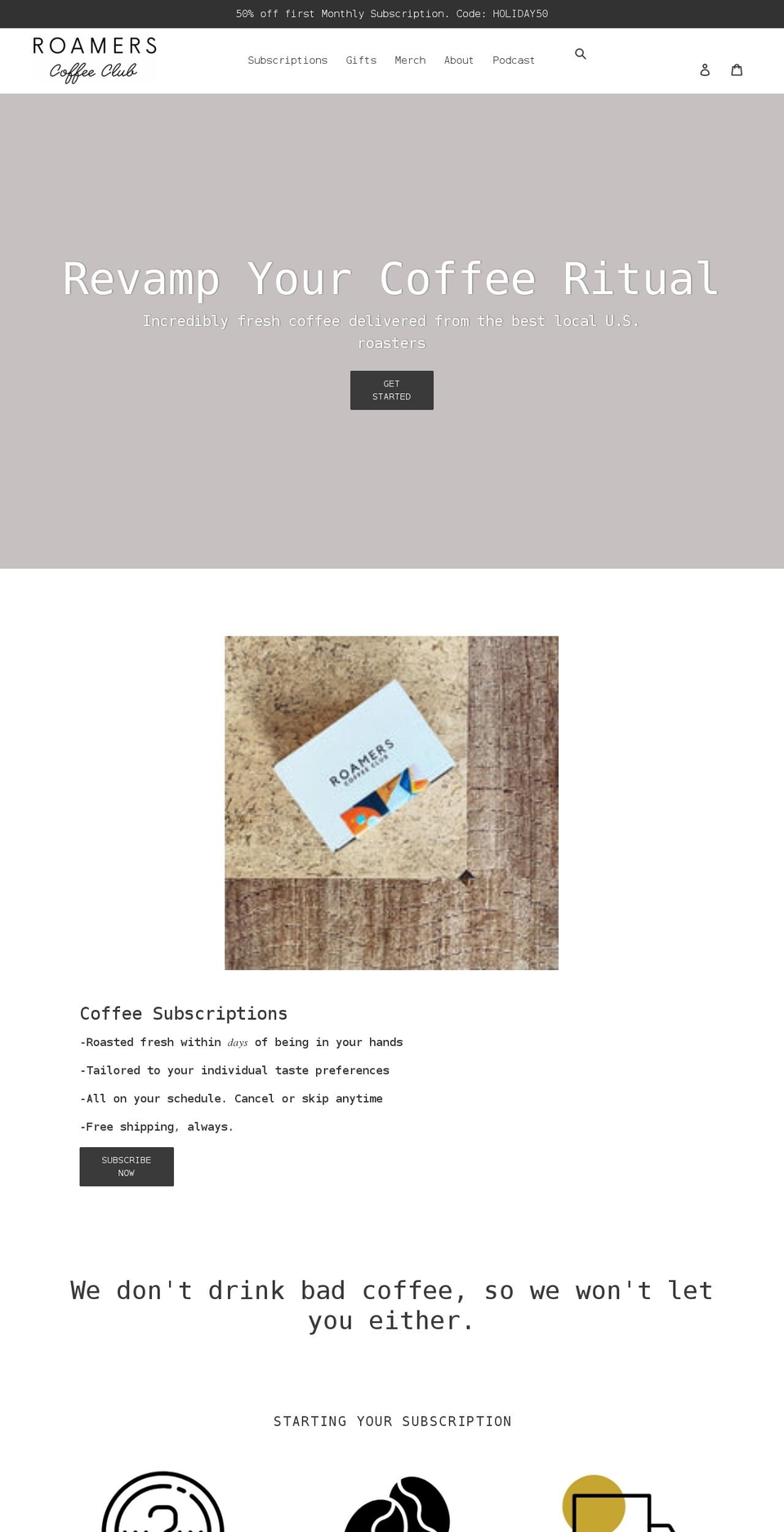 roamerscoffeeclub.com shopify website screenshot