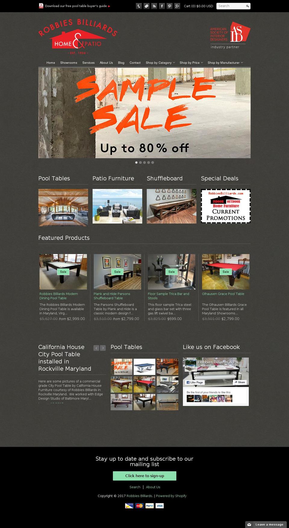 robbiesbilliards.com shopify website screenshot