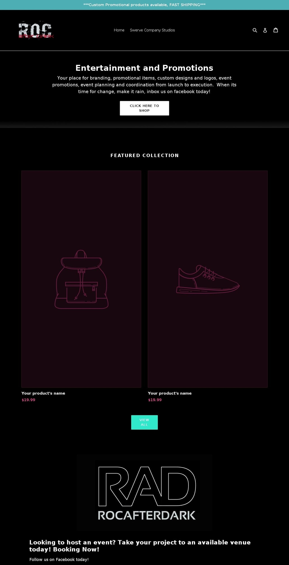 rocafterdark.net shopify website screenshot