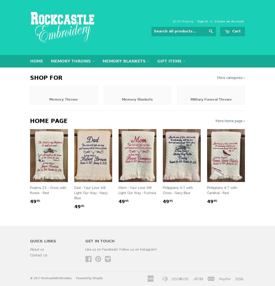 rockcastleembroidery.com shopify website screenshot