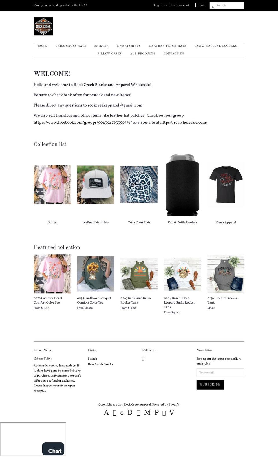 rockcreekapparelwholesale.com shopify website screenshot
