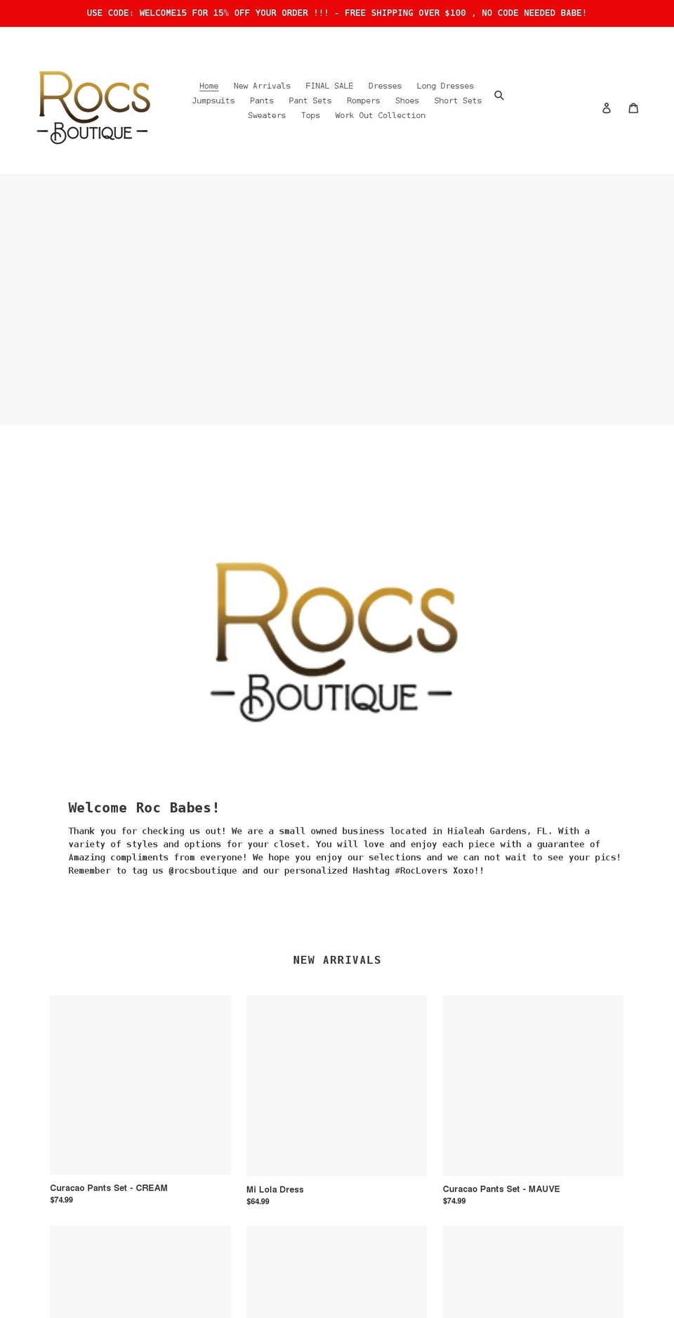 rocsboutique.com shopify website screenshot