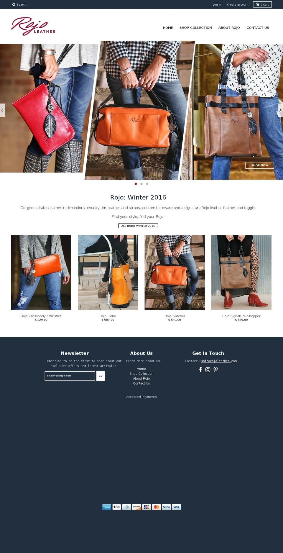 rojoleatherbags.com shopify website screenshot