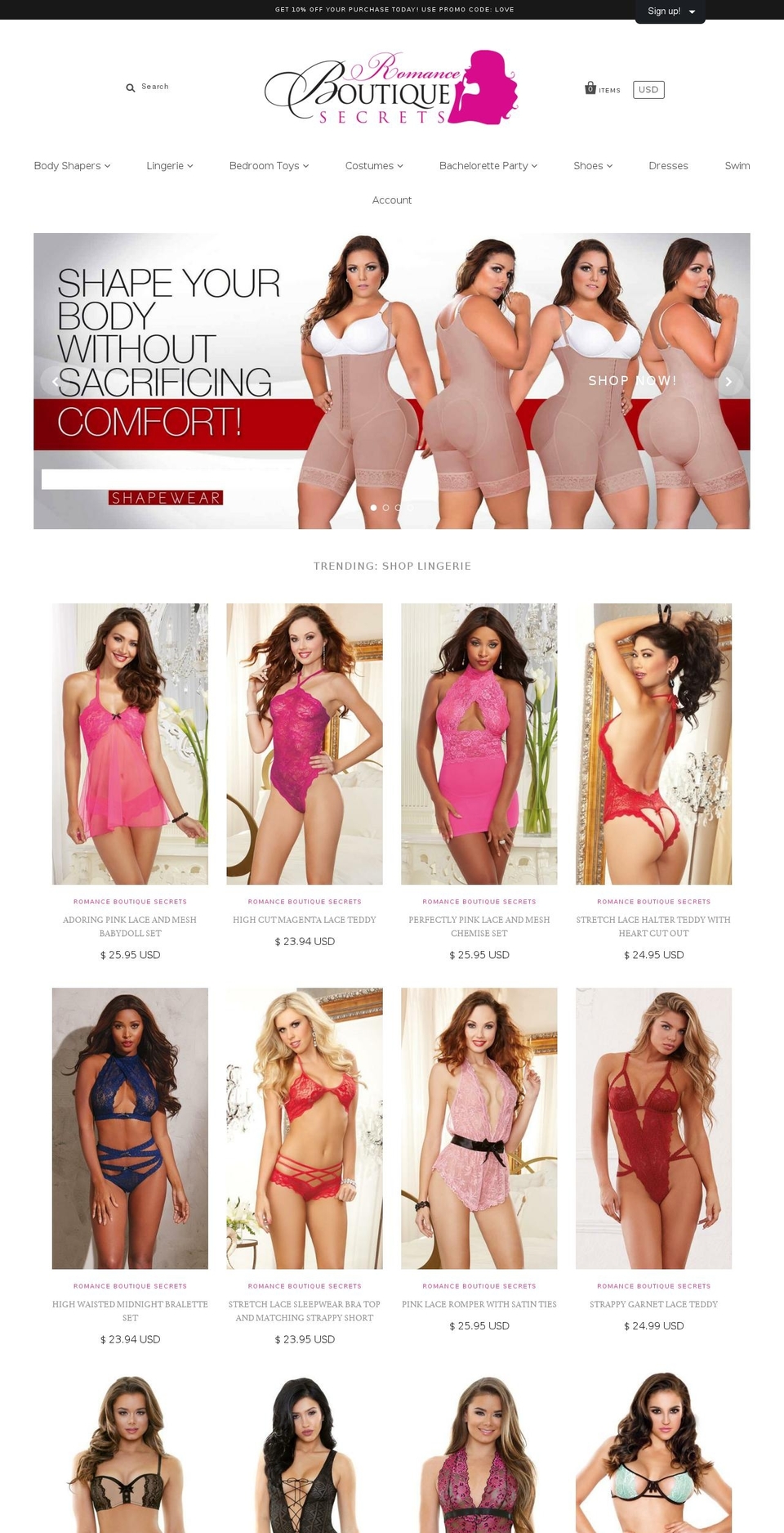 romanceboutiquesecrets.com shopify website screenshot