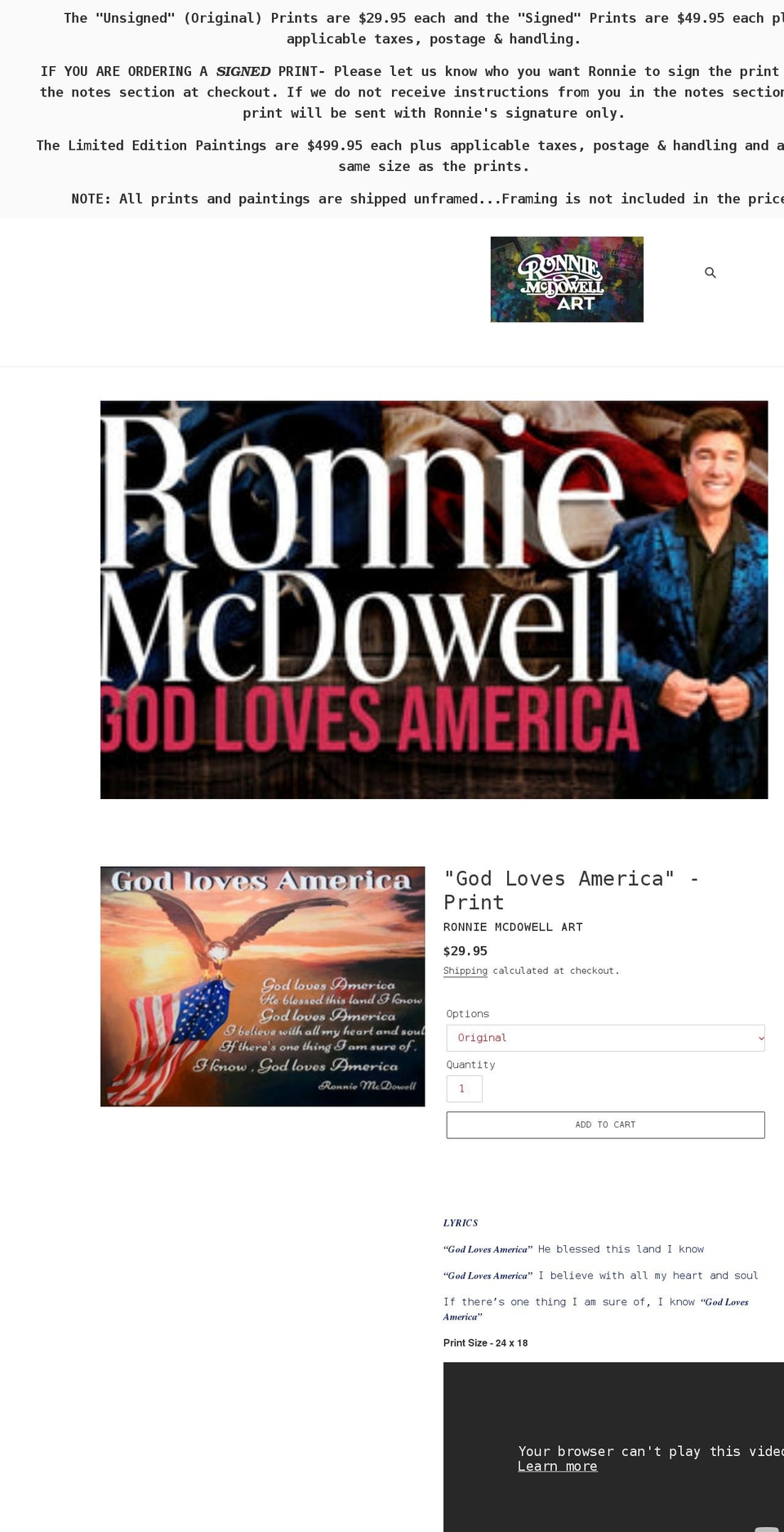 ronniemcdowellart.com shopify website screenshot