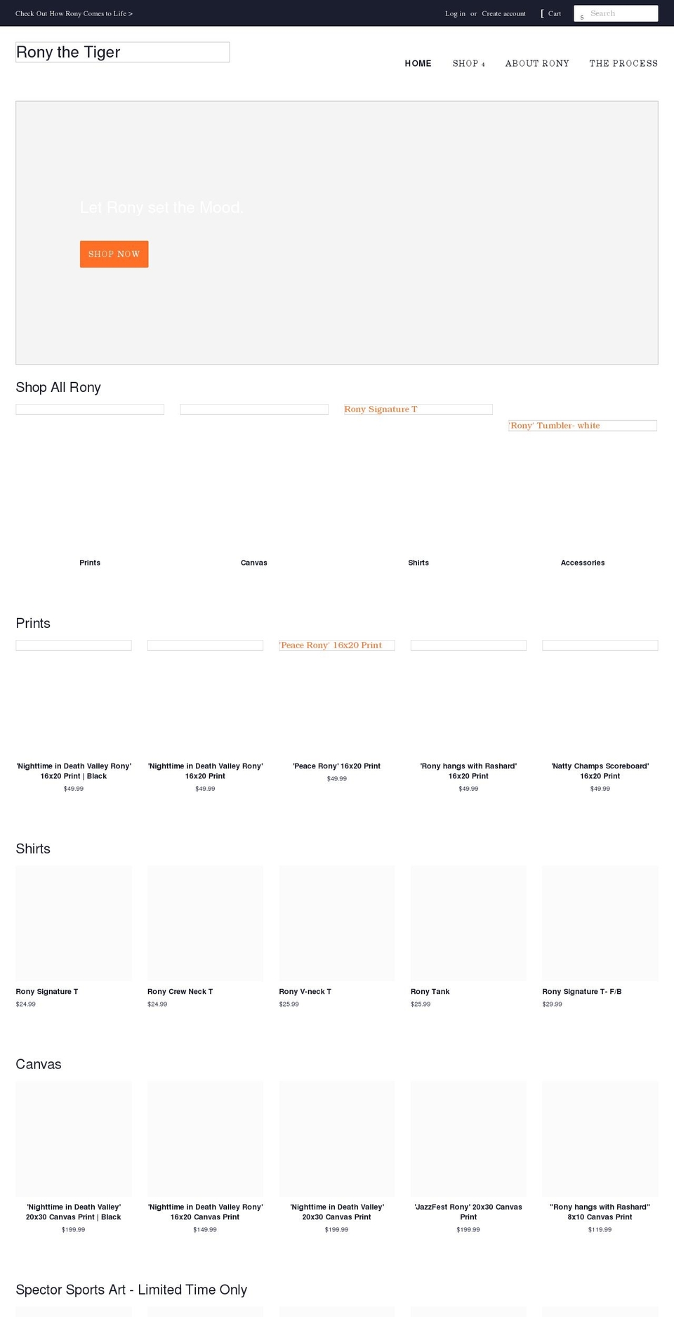 ronythetiger.com shopify website screenshot