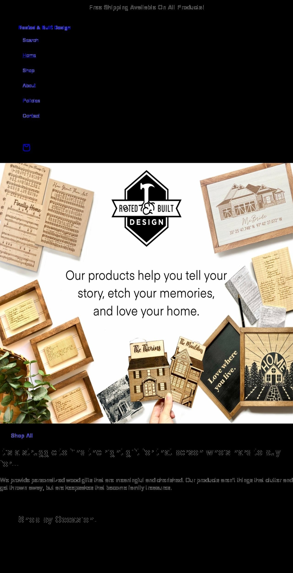 rootedandbuiltdesign.com shopify website screenshot