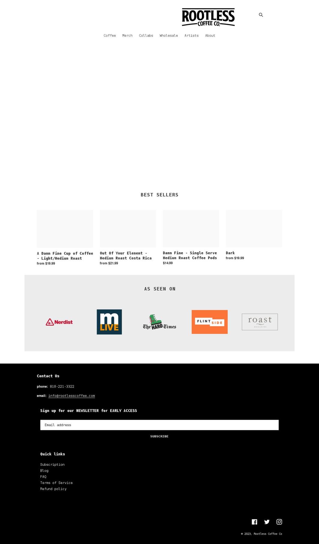 rootlesscoffee.com shopify website screenshot
