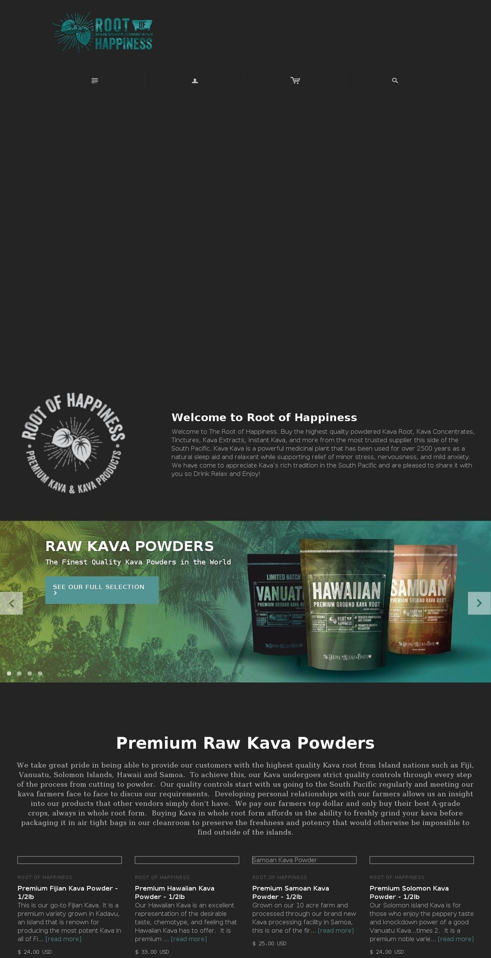 rootofhappinesskava.com shopify website screenshot