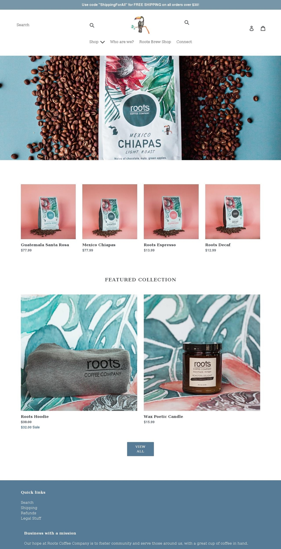 rootscoffeeco.com shopify website screenshot