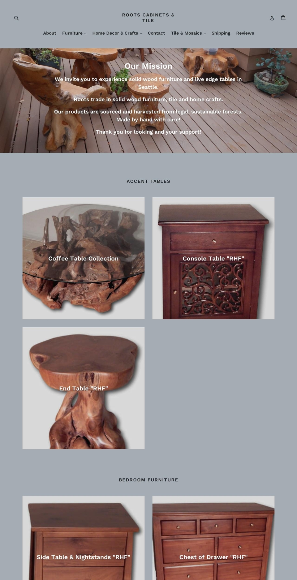 rootshardwoodfurniture.com shopify website screenshot