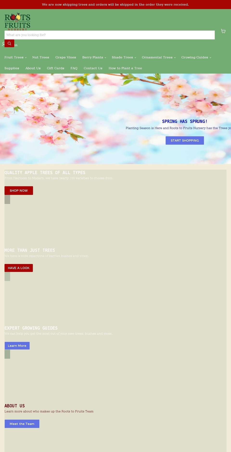 rootstofruitsnursery.com shopify website screenshot