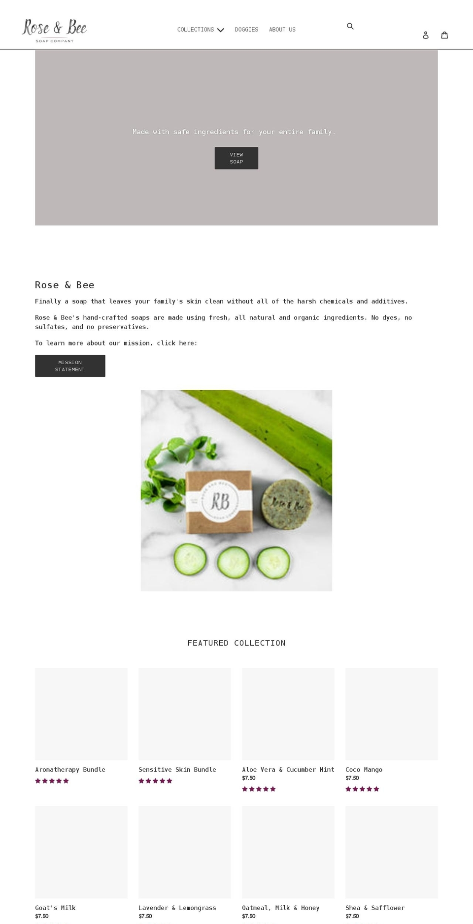 roseandbeesoap.com shopify website screenshot
