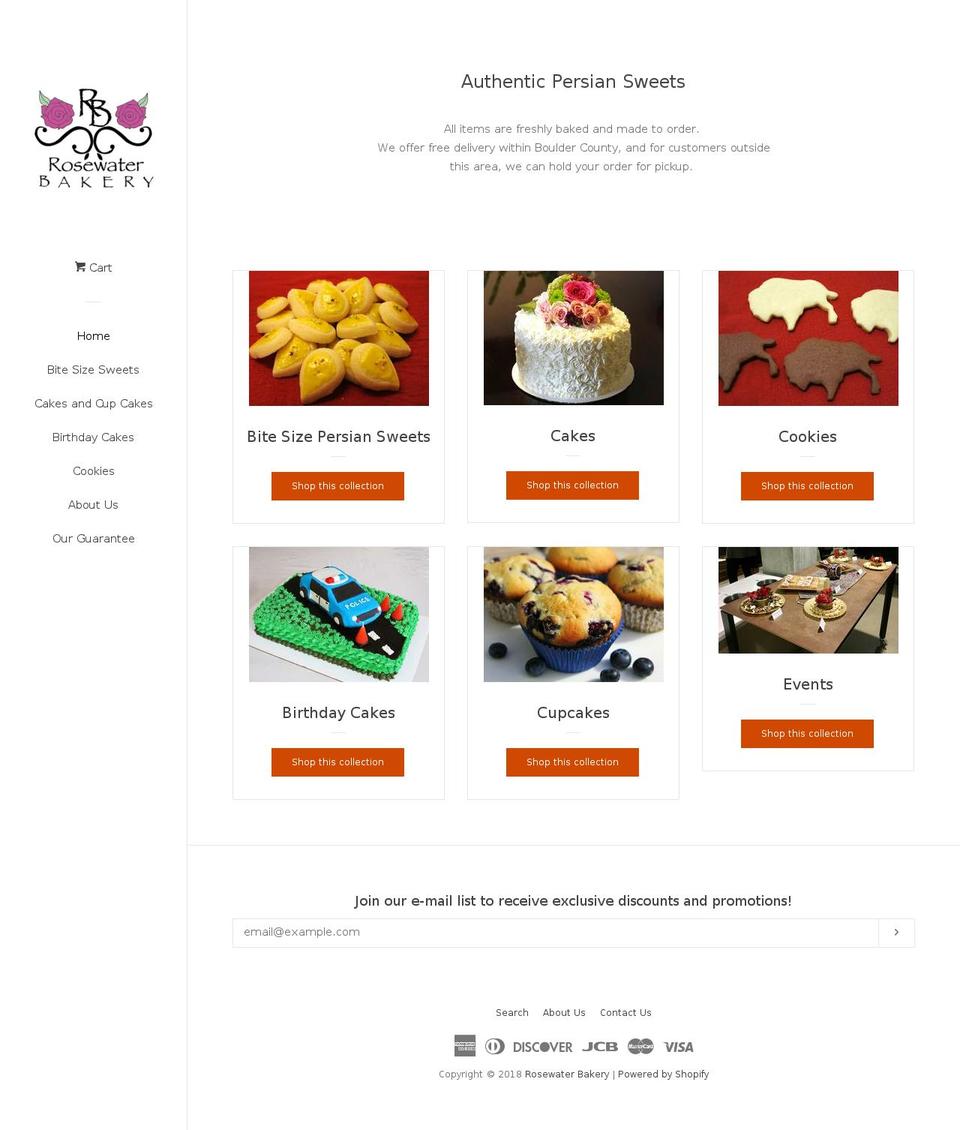 rosewaterbakery.com shopify website screenshot