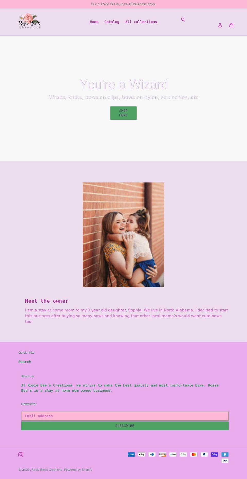 rosiebeescreations.com shopify website screenshot