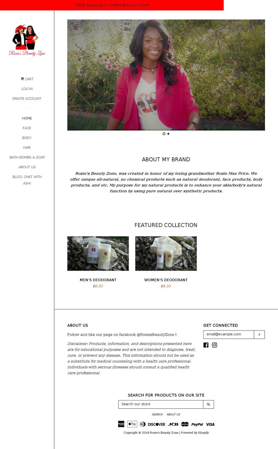 rosiesbeautyzone.com — Shopify storefront screenshot