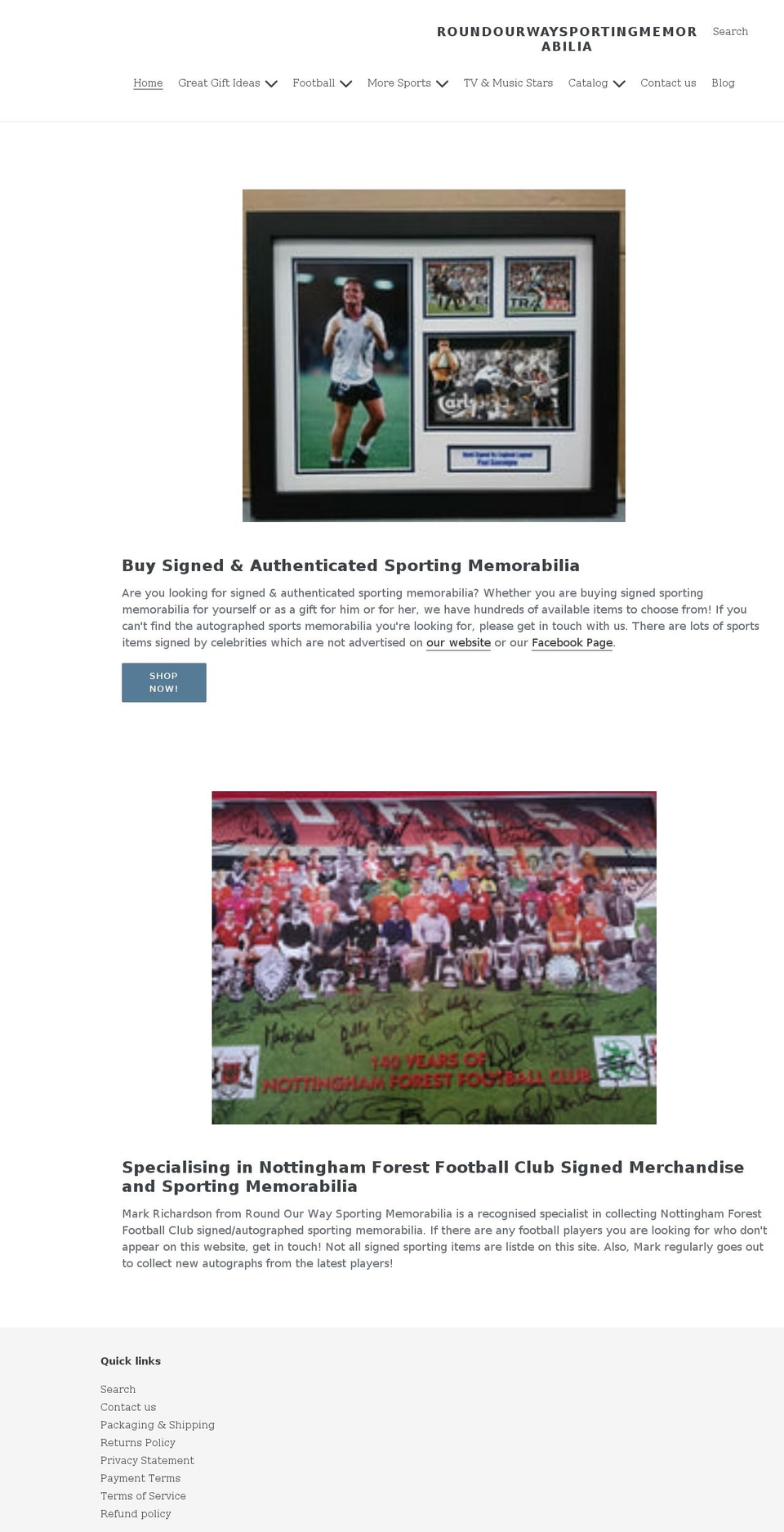 roundourwaysportingmemorabilia.co.uk shopify website screenshot