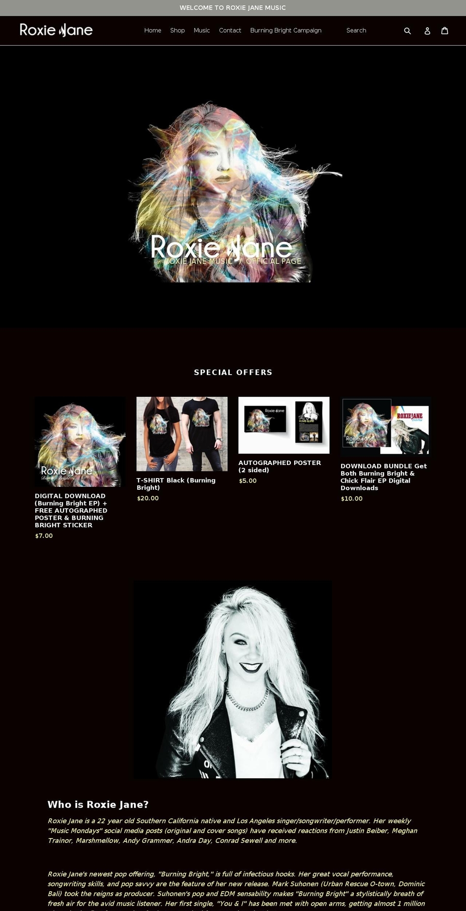 roxiejanemusic.com shopify website screenshot