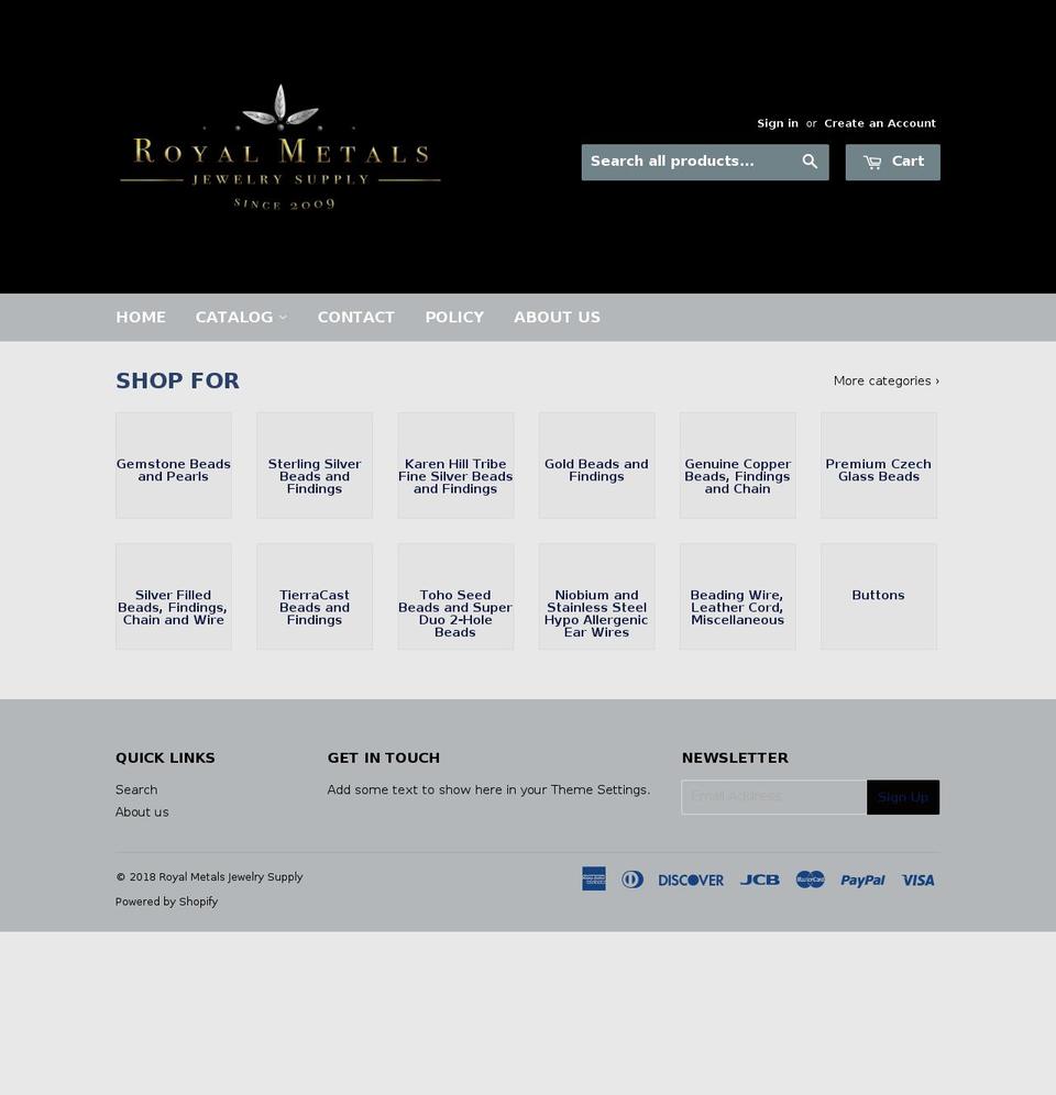 royalmetalsjewelrysupply.com shopify website screenshot