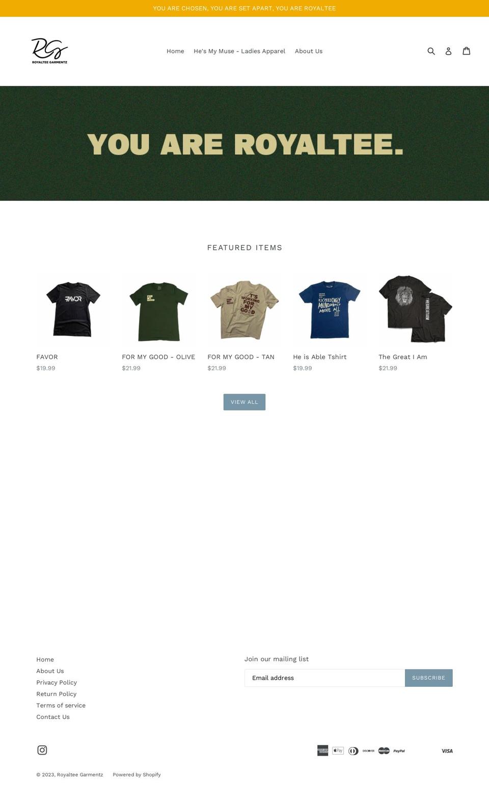 royalteegarmentz.com shopify website screenshot