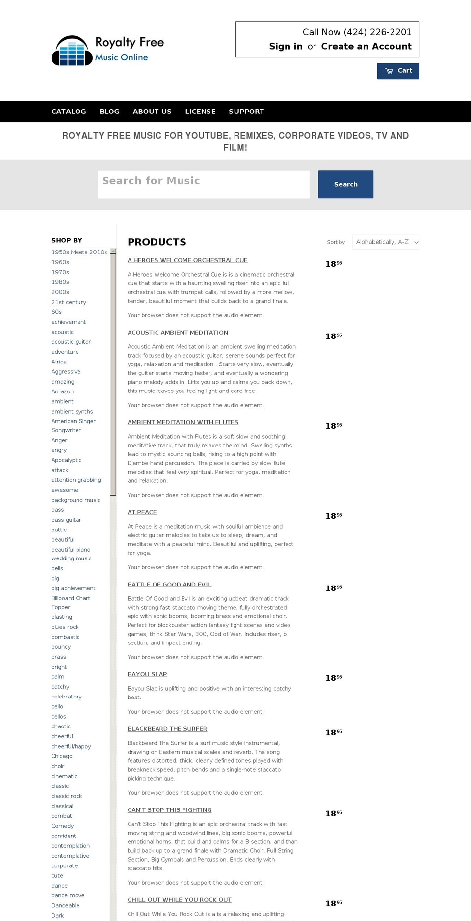 royaltyfreemusiconline.com shopify website screenshot