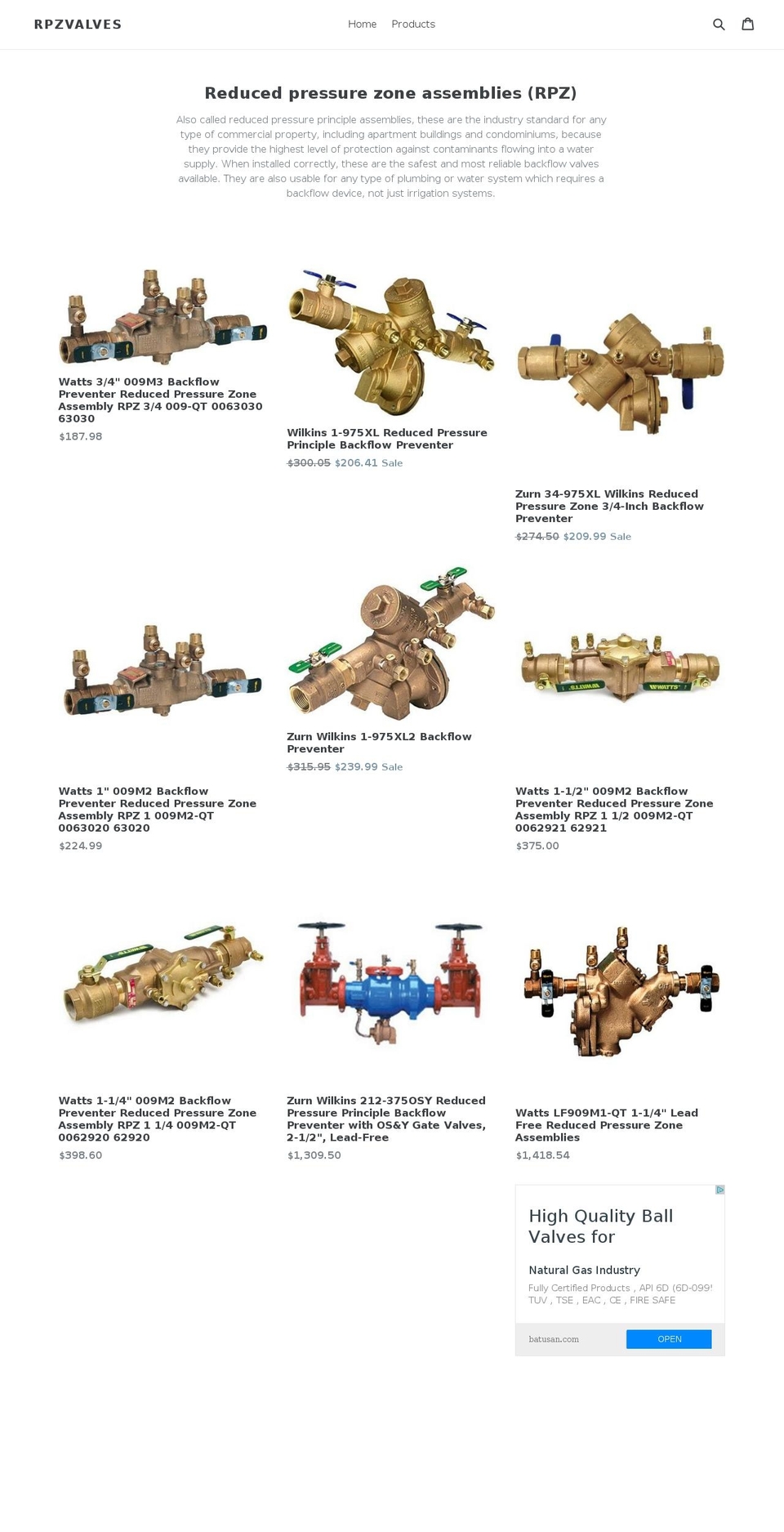 rpzvalves.com — Shopify storefront screenshot