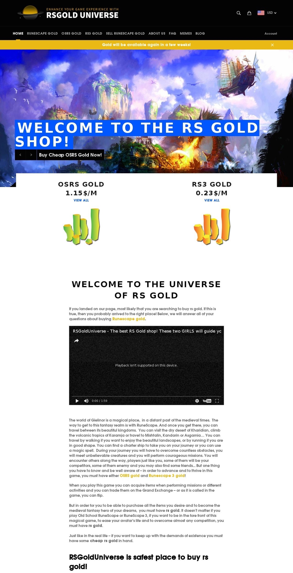 rsgolduniverse.com shopify website screenshot