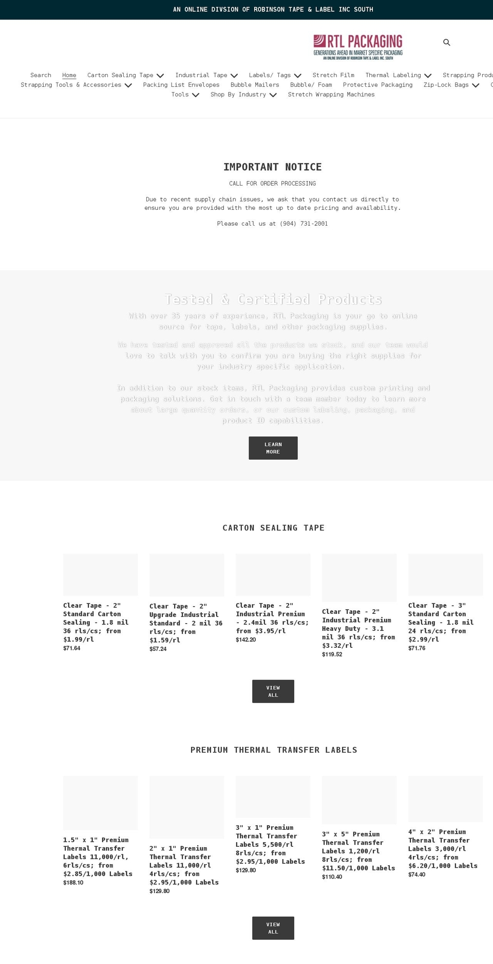 rtlpackaging.com shopify website screenshot