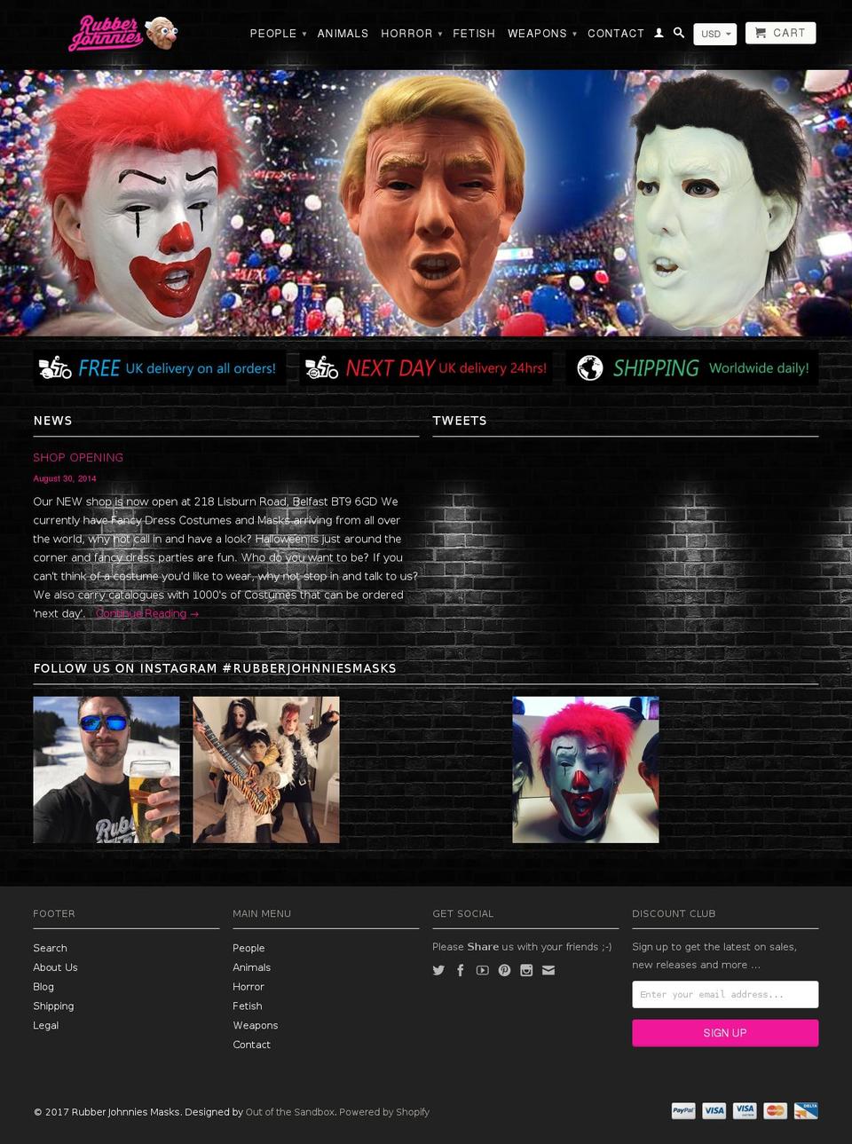 rubberjohnniesmasks.com shopify website screenshot