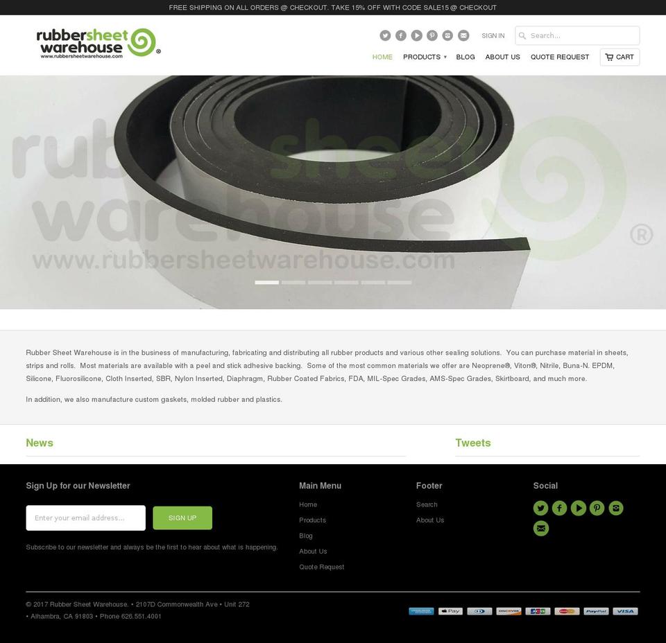 rubbersheetwarehouse.com shopify website screenshot