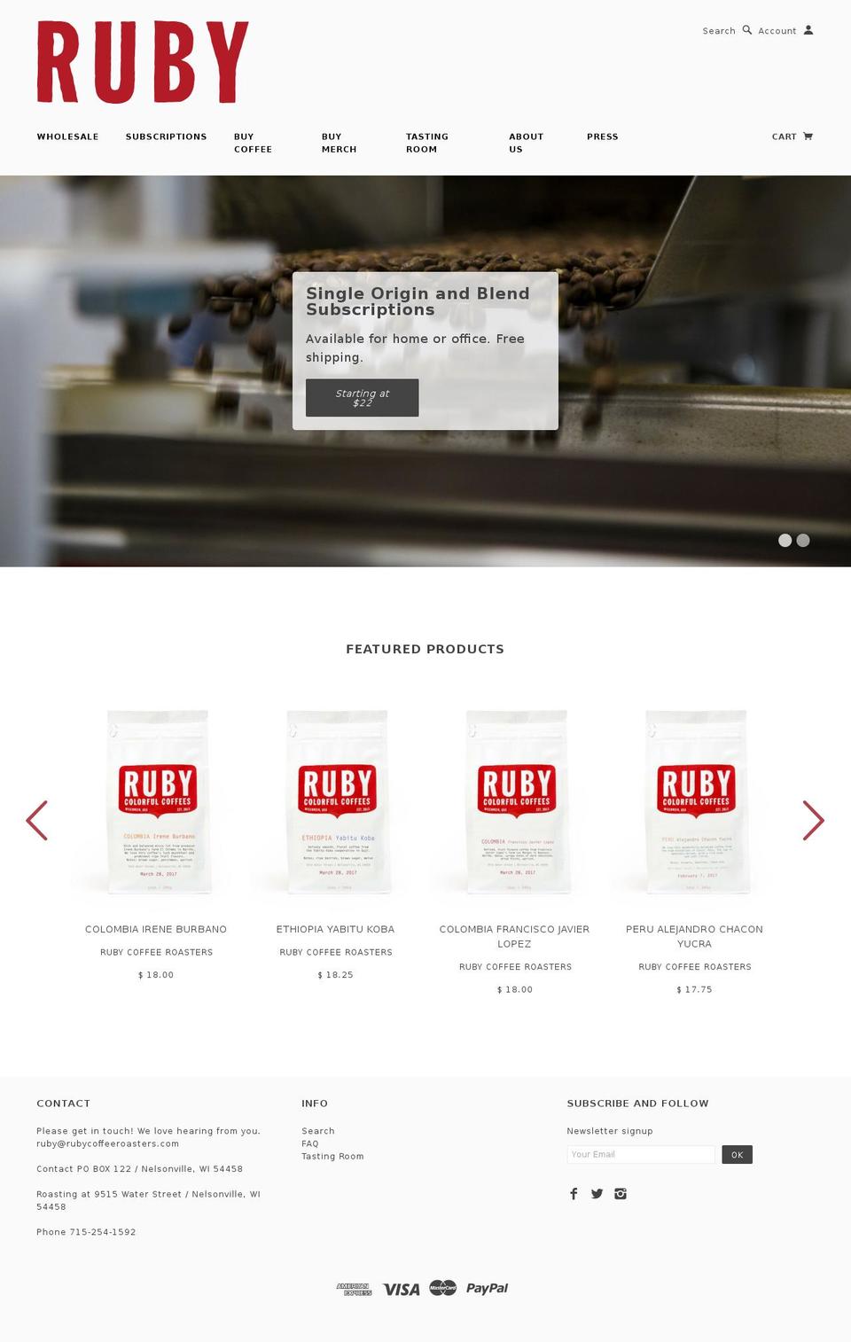 rubycoffeeroasters.com shopify website screenshot