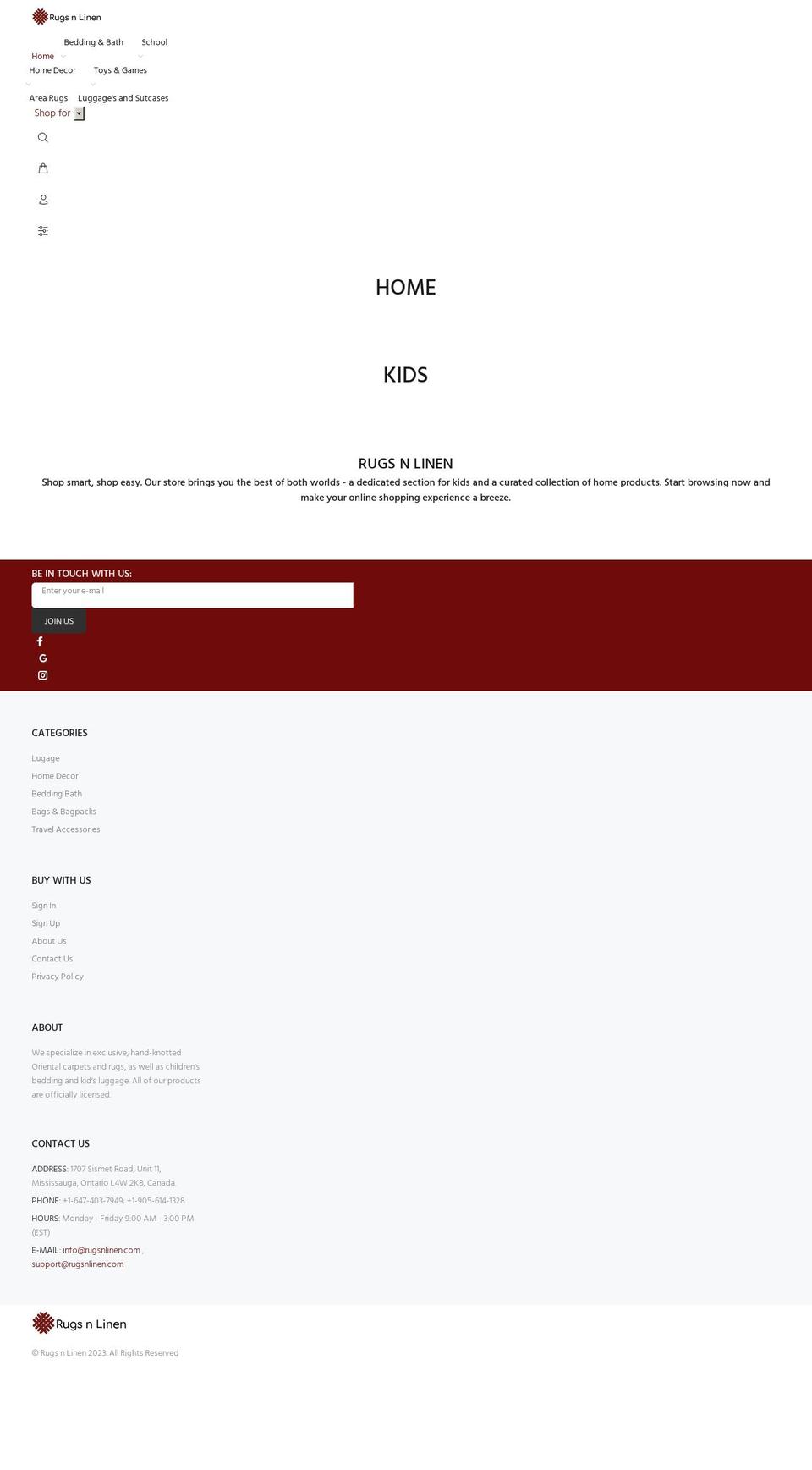 rugsnlinen.com shopify website screenshot