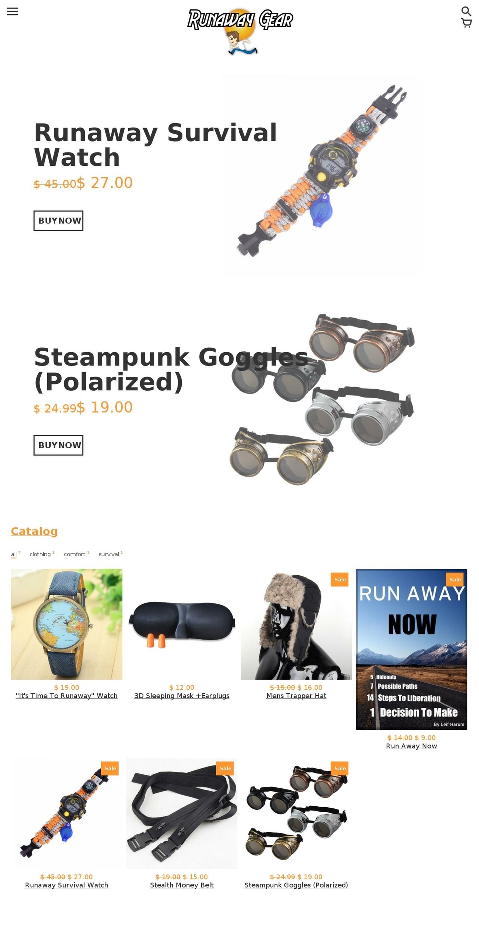 runawaytravelgear.com — Shopify storefront screenshot